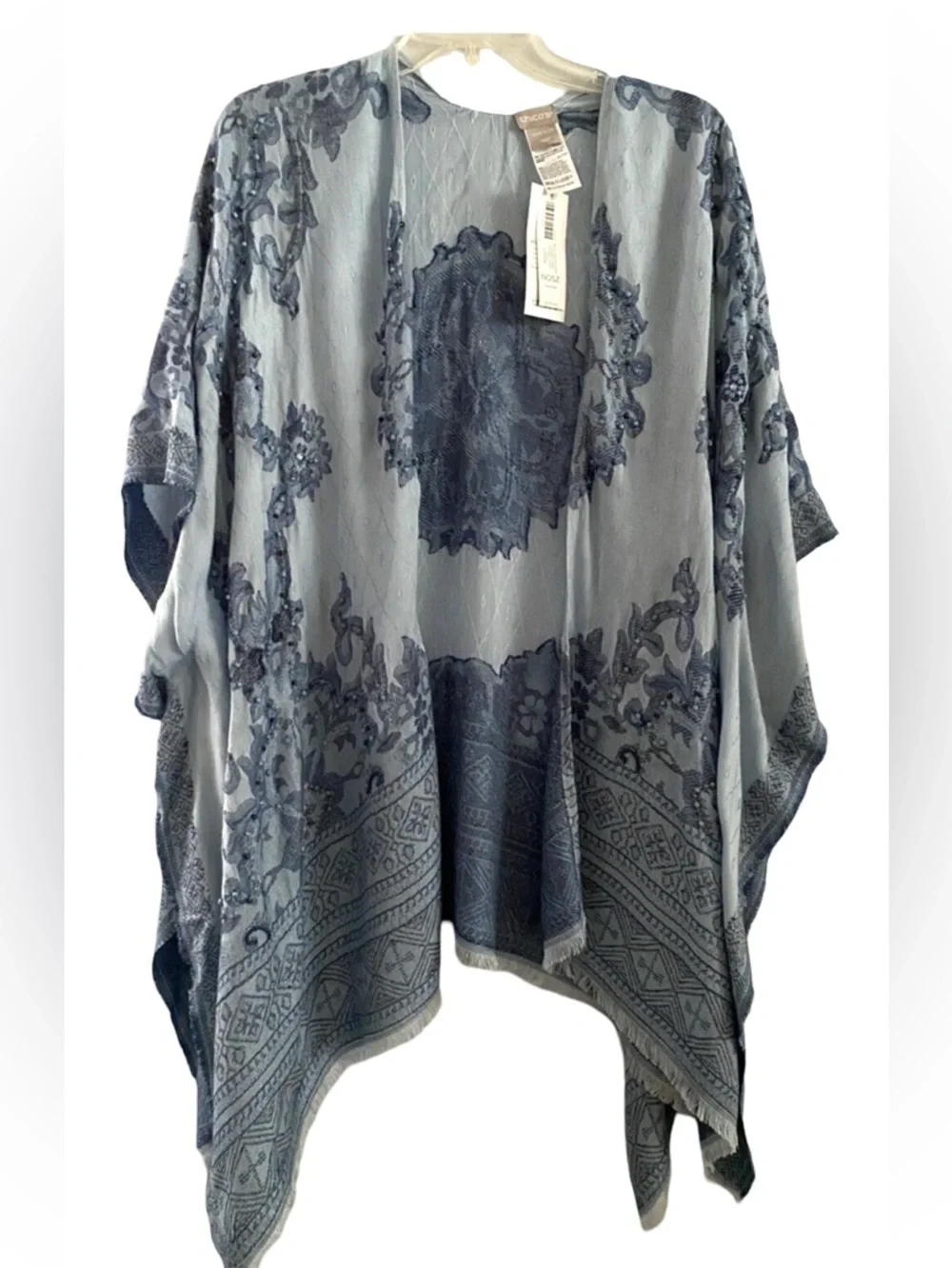 NWT Chico's Indigo Jacquard Ruana Beaded Open Poncho or Cover Up. OS